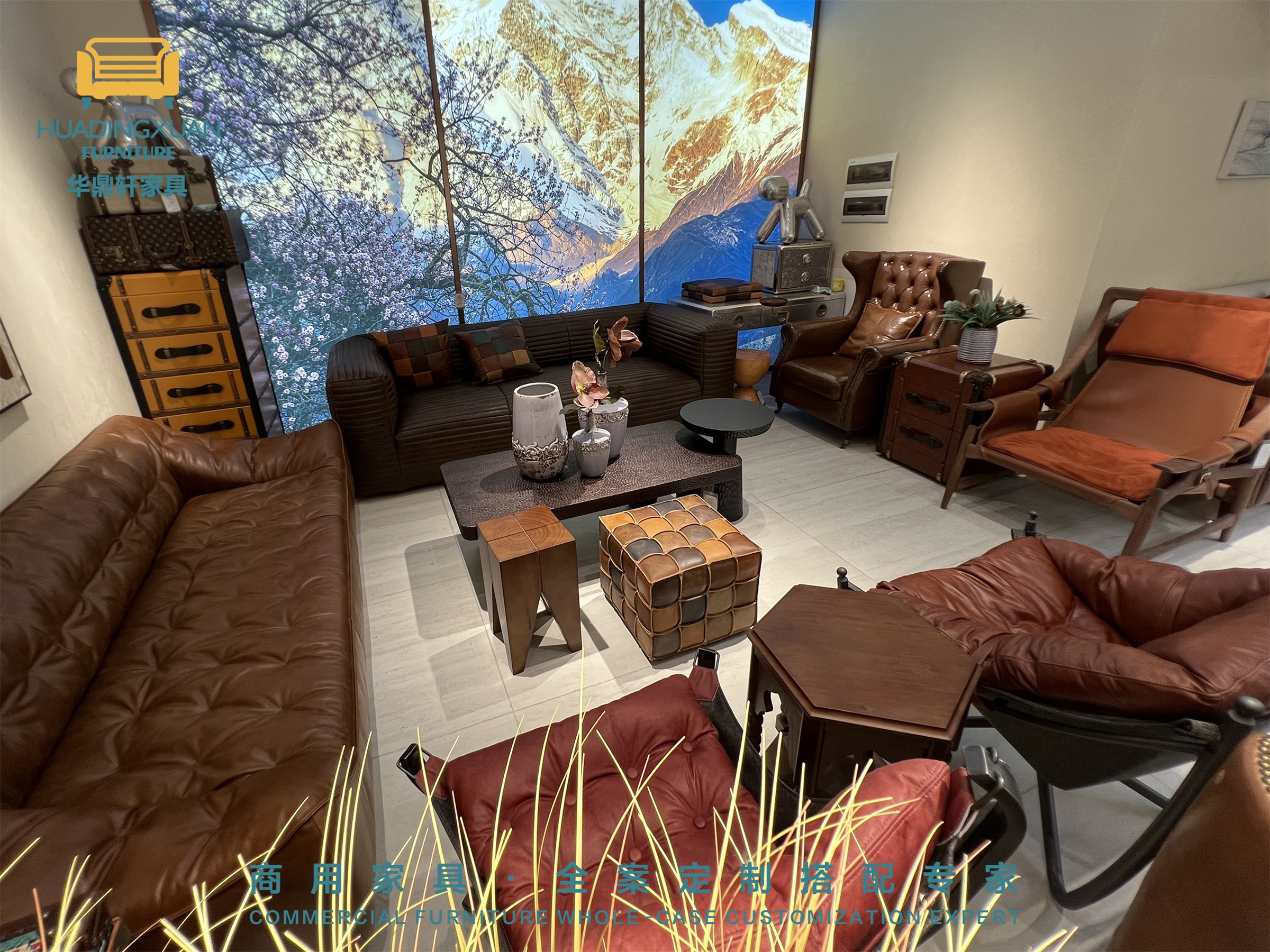 华鼎轩家具展厅皇朝店会所体验区美式复古中古风家具-03